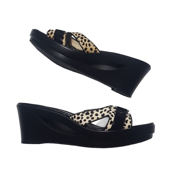 Calvin Klein "Rebah" black white spotted faux calf hair platform cutout wedges - Picture 5 of 8